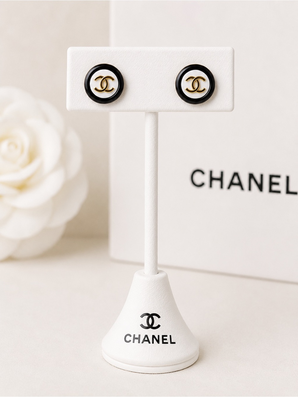 CHANEL Black and White CC Button Stud Earrings with Gold Logo